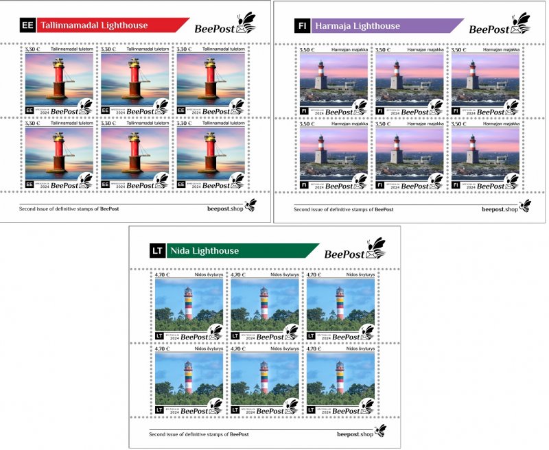 Estonia Finland Lithuania 2024 Lighthouses Definitives BeePost set of 3 sheetlets MNH - Image 1