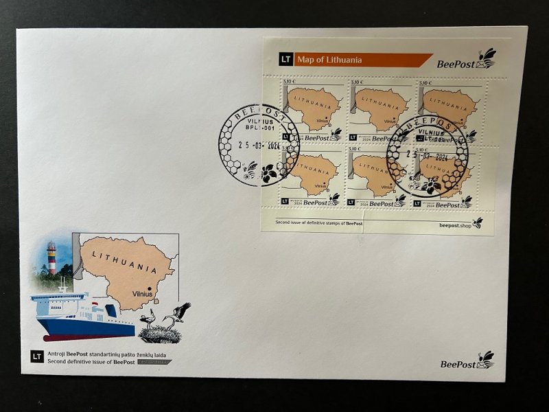 Lithuania Litauen Lituanie 2024 Definitives  State map BeePost sheetlet FDC - Image 1
