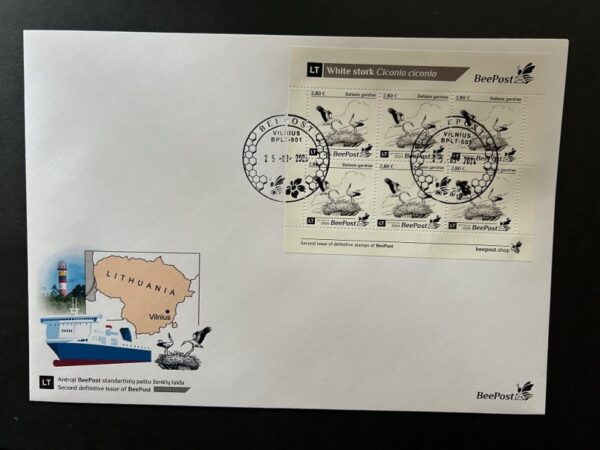 Lithuania Litauen Lituanie 2024 Definitives White stork bird BeePost sheetlet FDC