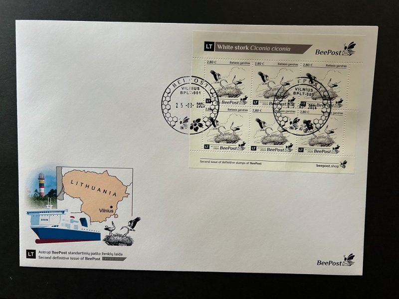 Lithuania Litauen Lituanie 2024 Definitives White stork bird BeePost sheetlet FDC - Image 1