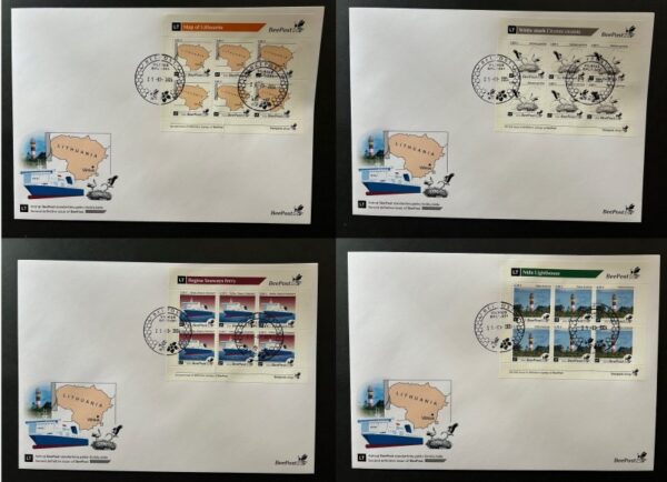 Lithuania Litauen Lituanie 2024 Definitives bird map ship lighthouse BeePost sheetlet's set FDC