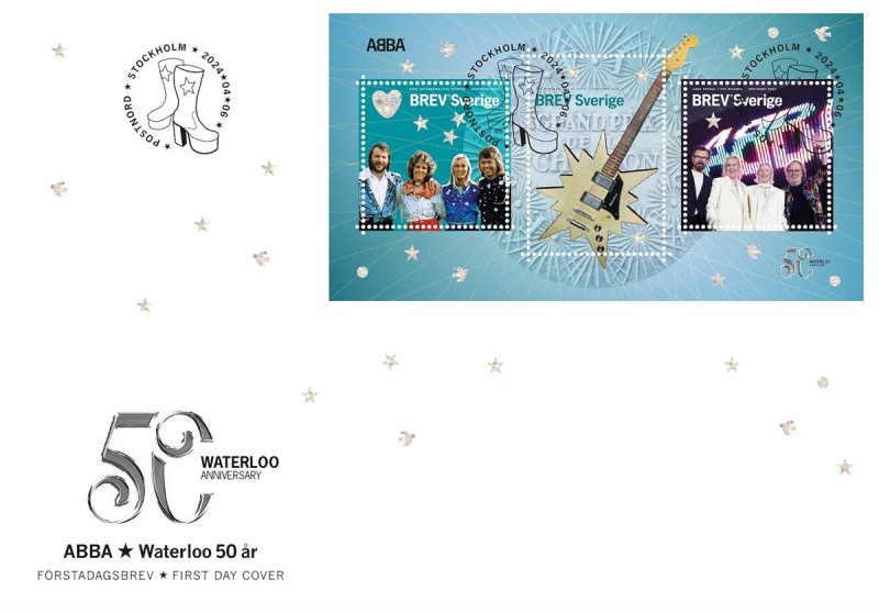 Sweden Suède Suède 2024 ABBA 50 years of Waterloo set of 3 stamps in block FDC - Image 1