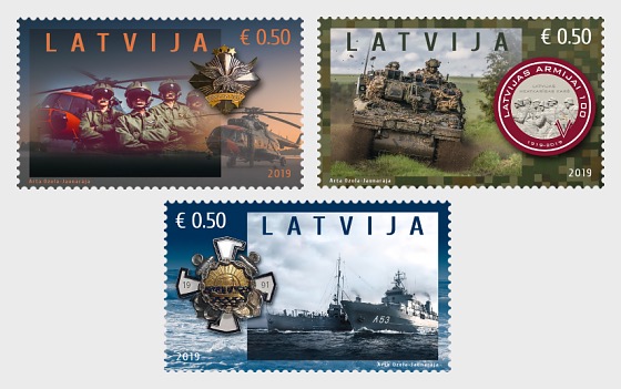 Latvia Lettland Lettonie 2019 100th anniversary of the armed forces Helicopter Tank Ship set of 3 stamps MNH
