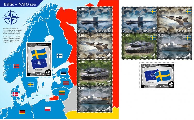 Lithuania Litauen Lituanie 2024 Baltic - NATO sea Sweden joins NATO BeePost full stamps set and block MNH - Image 1