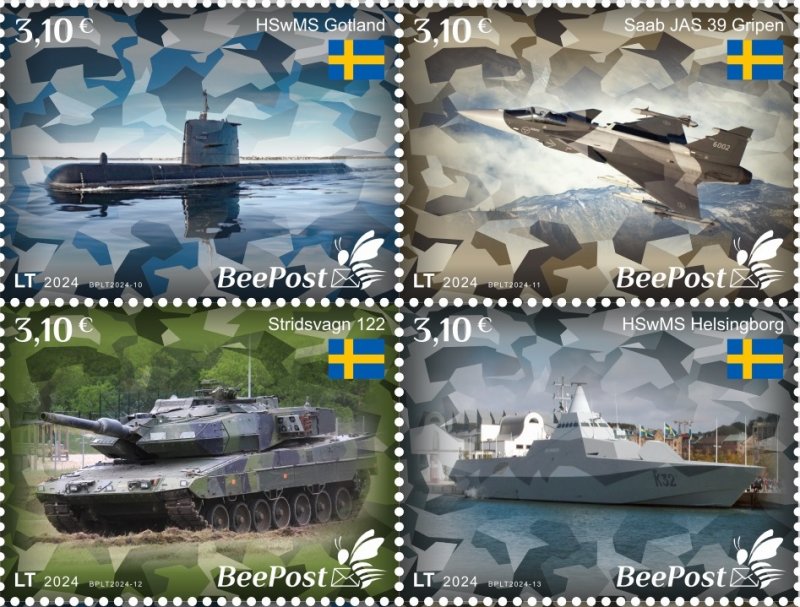 Lithuania Litauen Lituanie 2024 Baltic - NATO sea Sweden joins NATO tank submarine warship airplane BeePost set of 4 stamps MNH - Image 1