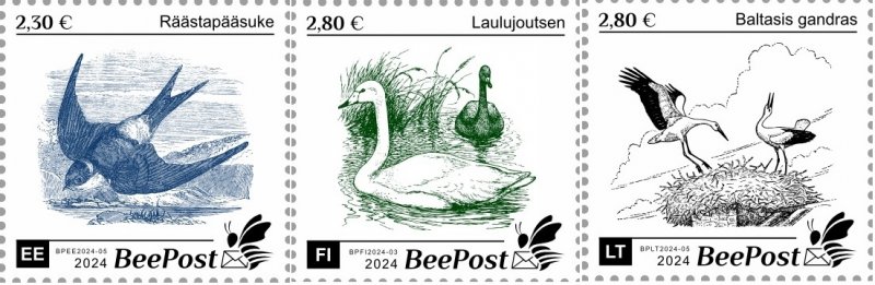 Estonia Finland Lithuania 2024 Birds Definitives BeePost set of 3 stamps MNH - Image 1