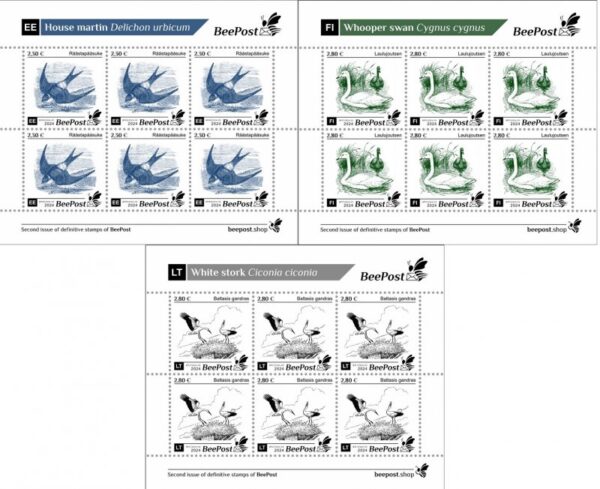 Estonia Finland Lithuania 2024 Birds Definitives BeePost set of 3 sheetlets MNH