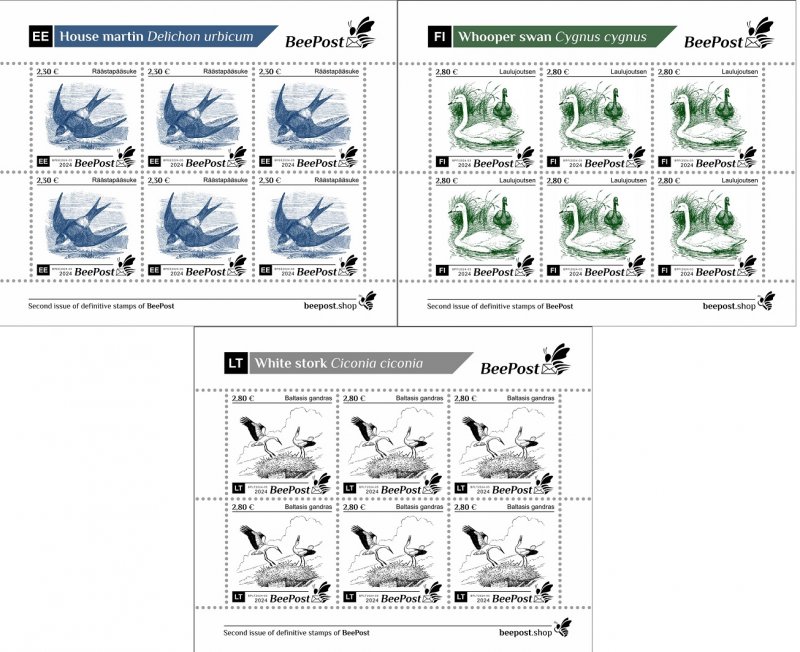 Estonia Finland Lithuania 2024 Birds Definitives BeePost set of 3 sheetlets MNH - Image 1