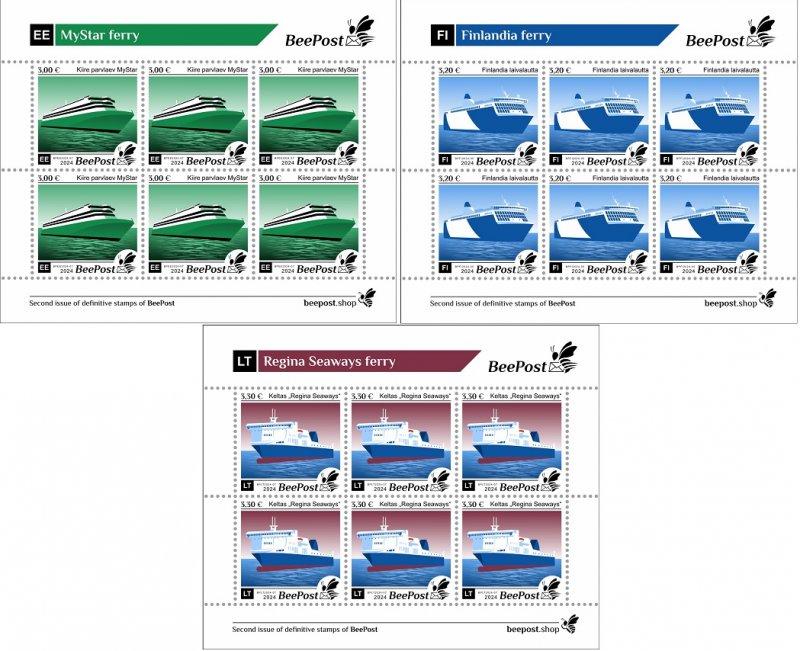 Estonia Finland Lithuania 2024 Ships Baltic ferries Definitives BeePost set of 3 sheetlets MNH - Image 1