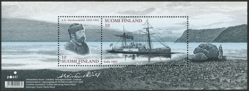 Finland 2008 joint issue with Greenland Polar discoveries Nordenskiöld set of 2 stamps in block MNH - Image 1