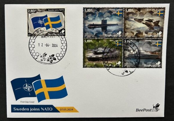 Lithuania Litauen Lituanie 2024 Baltic - NATO sea Sweden joins NATO tank submarine warship airplane Flags BeePost set of 5 stamps FDC