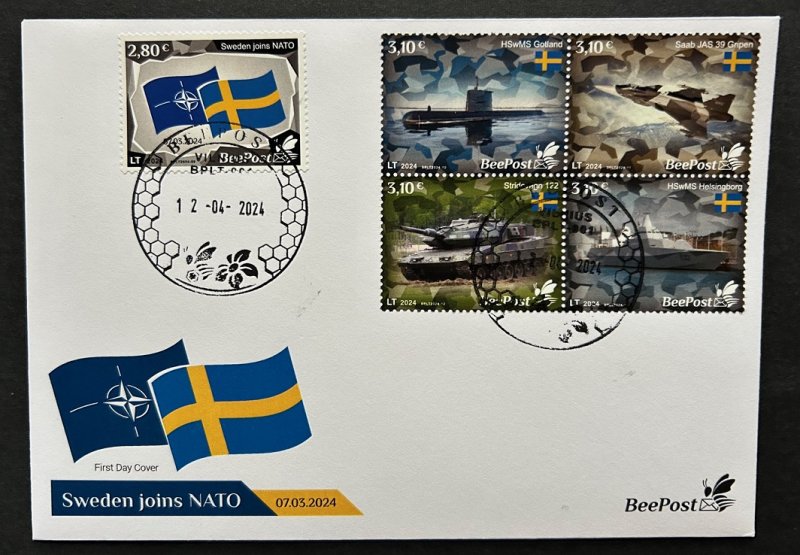 Lithuania Litauen Lituanie 2024 Baltic - NATO sea Sweden joins NATO tank submarine warship airplane Flags BeePost set of 5 stamps FDC - Image 1