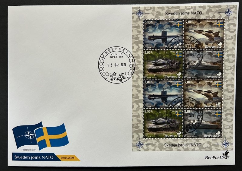 Lithuania Litauen Lituanie 2024 Baltic - NATO sea Sweden joins NATO tank submarine warship airplane BeePost sheetlet FDC - Image 1