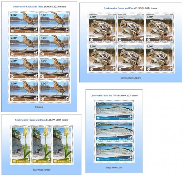 Estonia Estland Estonie 2024 Water flora and fauna bird frog fish orchid national parks Europa BeePost set of 4 sheetlets MNH