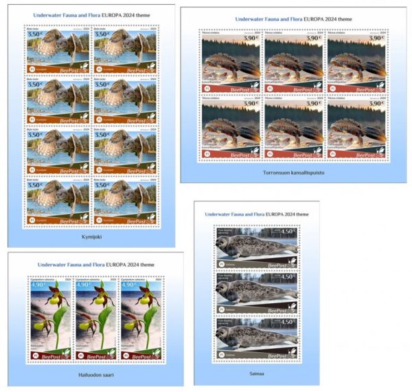 Finland Finnland Finlande 2024 Water flora and fauna bird triton seal orchid national parks Europa BeePost set of 4 sheetlets MNH