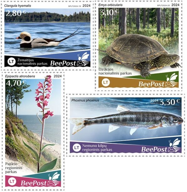 Lithuania Litauen Lituanie 2024 Water flora and fauna bird turtle fish orchid national parks Europa BeePost set of 4 stamps MNH
