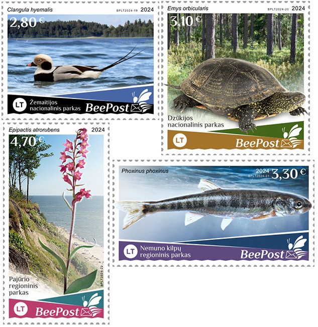 Lithuania Litauen Lituanie 2024 Water flora and fauna bird turtle fish orchid national parks Europa BeePost set of 4 stamps MNH - Image 1