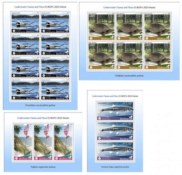 Lithuania Litauen Lituanie 2024 Water flora and fauna bird turtle fish orchid national parks Europa BeePost set of 4 sheetlets MNH