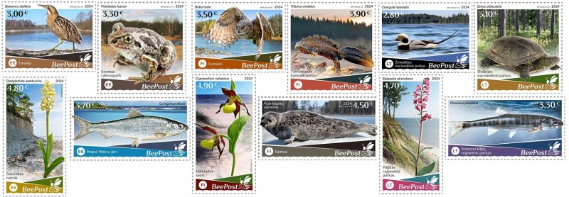 Estonia Finland Lithuania 2024 Water flora and fauna birds turtle fishes orchids seal triton frog Europa BeePost set of 12 stamps MNH - Image 1