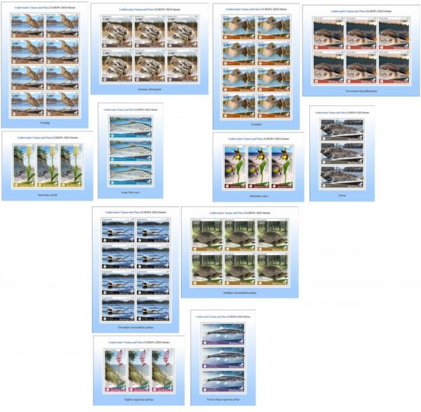 Estonia Finland Lithuania 2024 Water flora and fauna bird turtle fish orchid national parks Europa BeePost set of 12 sheetlets MNH