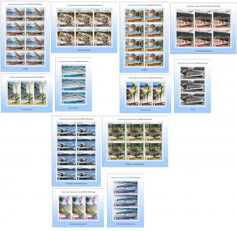 Estonia Finland Lithuania 2024 Water flora and fauna bird turtle fish orchid national parks Europa BeePost set of 12 sheetlets MNH - Image 1