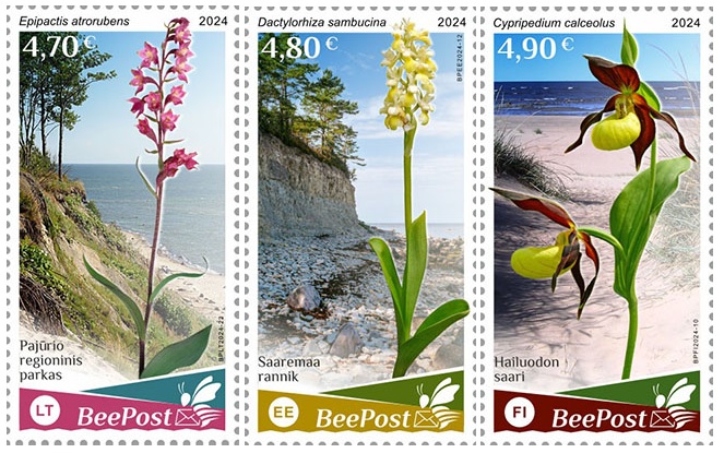 Estonia Finland Lithuania 2024 Water flora and fauna Orchids national parks Europa BeePost set of 3 stamps MNH - Image 1