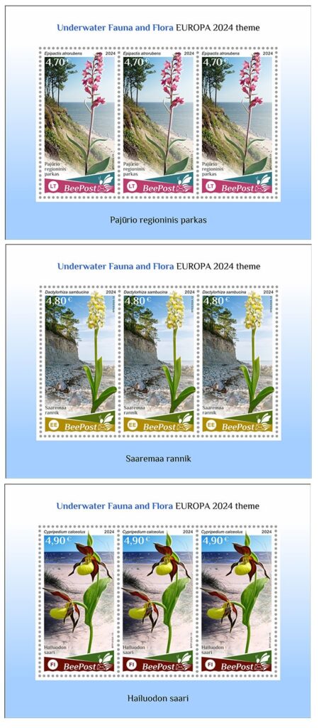 Estonia Finland Lithuania 2024 Water flora and fauna Orchids national parks Europa BeePost set of 3 sheetlets MNH