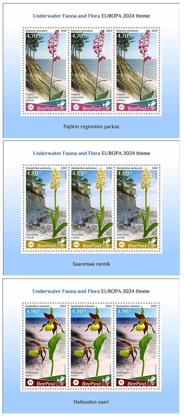 Estonia Finland Lithuania 2024 Water flora and fauna Orchids national parks Europa BeePost set of 3 sheetlets MNH - Image 1