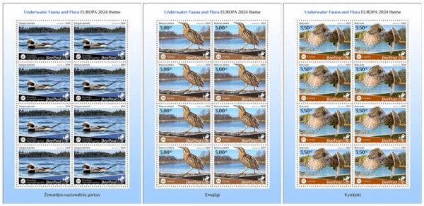 Estonia Finland Lithuania 2024 Water flora and fauna Birds national parks Europa BeePost set of 3 sheetlets MNH