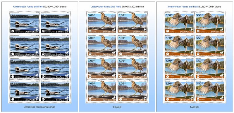Estonia Finland Lithuania 2024 Water flora and fauna Birds national parks Europa BeePost set of 3 sheetlets MNH - Image 1