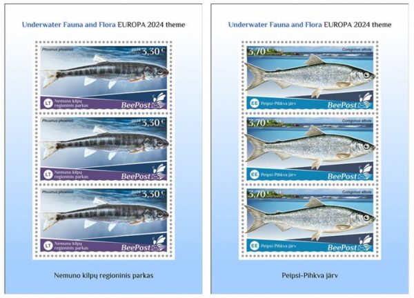 Estonia Lithuania 2024 Water fauna Fishes national parks Europa BeePost set of 2 sheetlets MNH