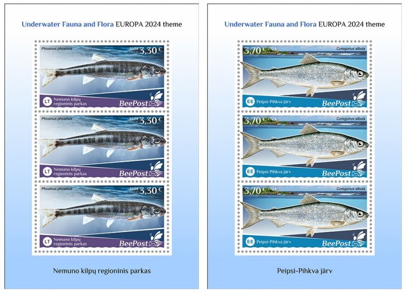 Estonia Lithuania 2024 Water fauna Fishes national parks Europa BeePost set of 2 sheetlets MNH - Image 1