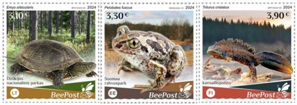 Estonia Finland Lithuania 2024 Water fauna Frog Turtle Triton national parks Europa BeePost set of 3 stamps MNH