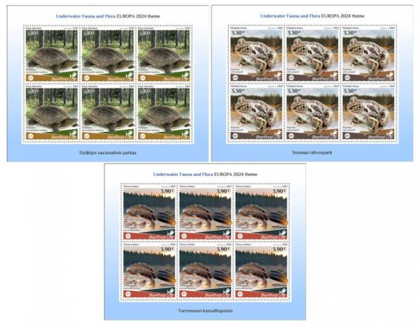 Estonia Finland Lithuania 2024 Water fauna Frog Turtle Triton national parks Europa BeePost set of 3 sheetlets MNH