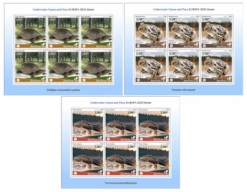 Estonia Finland Lithuania 2024 Water fauna Frog Turtle Triton national parks Europa BeePost set of 3 sheetlets MNH - Image 1