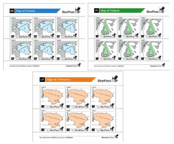 Estonia Finland Lithuania 2024 State maps Definitives BeePost set of 3 sheetlets MNH