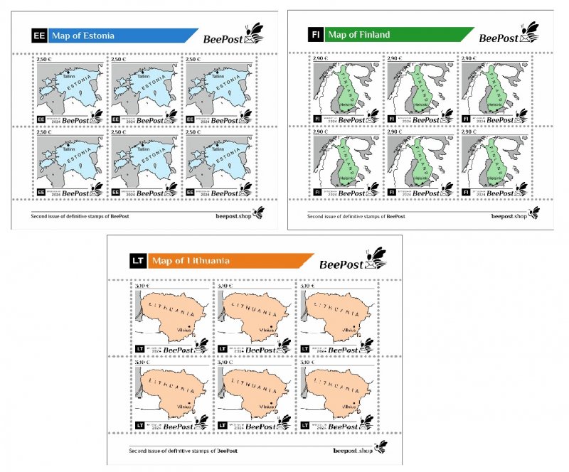 Estonia Finland Lithuania 2024 State maps Definitives BeePost set of 3 sheetlets MNH - Image 1