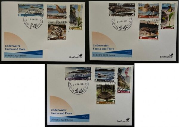 Estonia Finland Lithuania 2024 Water flora and fauna birds turtle fishes orchids seal triton frog Europa BeePost set of 12 stamps FDC