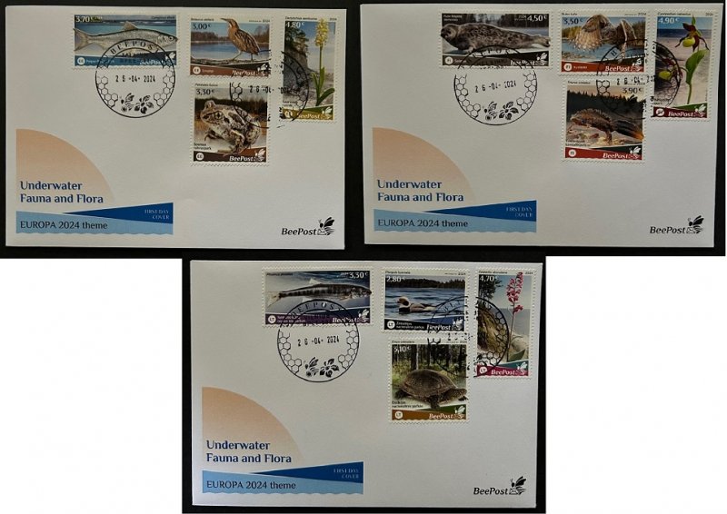 Estonia Finland Lithuania 2024 Water flora and fauna birds turtle fishes orchids seal triton frog Europa BeePost set of 12 stamps FDC - Image 1