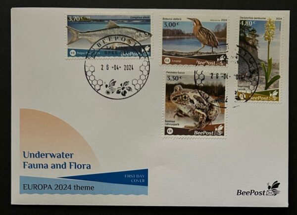 Estonia 2024 Water flora and fauna bird frog fish orchid Europa BeePost set of 4 stamps FDC
