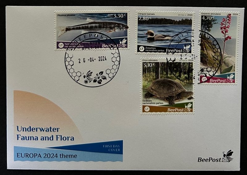 Lithuania 2024 Water flora and fauna bird turtle fish orchid Europa BeePost set of 4 stamps FDC - Image 1