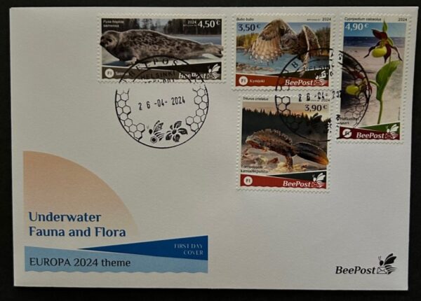 Finland 2024 Water flora and fauna owl seal triton orchid Europa BeePost set of 4 stamps FDC