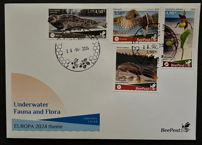 Finland 2024 Water flora and fauna owl seal triton orchid Europa BeePost set of 4 stamps FDC - Image 1