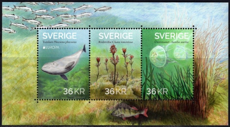 Sweden Suède Suède 2024 Europa CEPT Underwater flora and fauna set of 3 stamps in block MNH - Image 1
