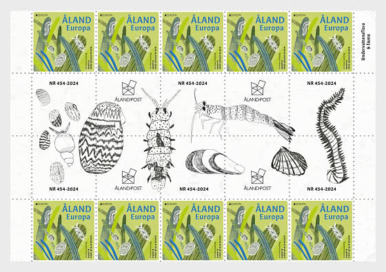Aland islalnds Åland Finland 2024 Europa CEPT Underwater fauna & flora block of 10 stamps with all labels MNH