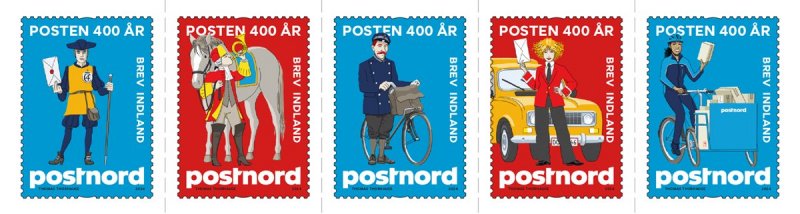 Denmark Danemark Danmark 2024 Postnord Postman through 400 years set of 5 stamps MNH - Image 1