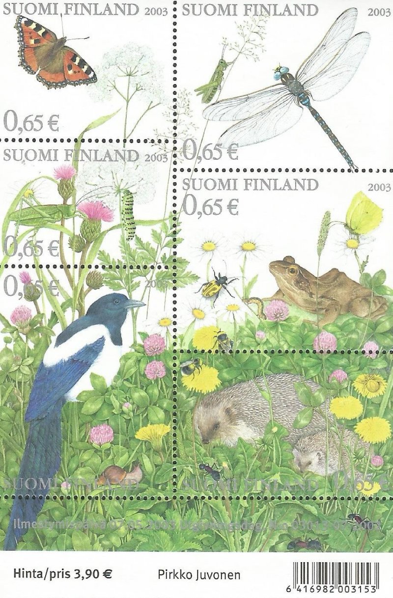 Finland Finnland Finlande 2003 Flora and fauna of a summer meadow set of 6 stamps in block MNH - Image 1