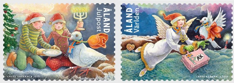 Aland Islands Åland Finland 2023 Christmas Peace Angels Pigeon Lighthouse set of 2 stamps MNH - Image 1
