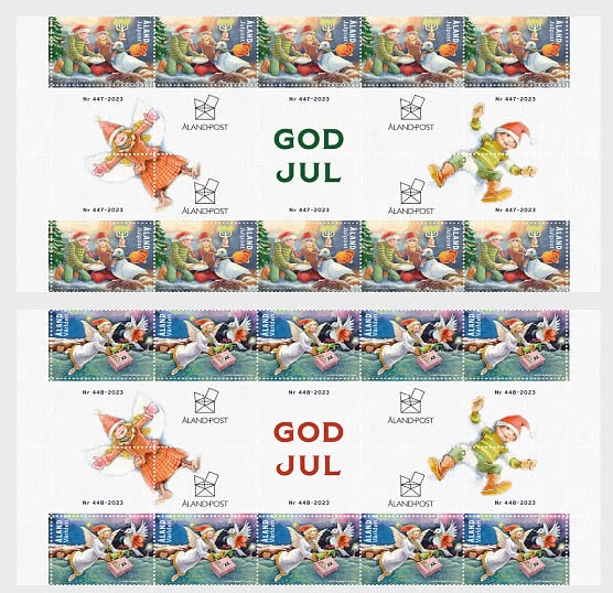 Aland Islands Åland Finland 2023 Christmas Peace Angels Pigeon Lighthouse set of 2 blocks of 10 stamps and 20 labels each MNH