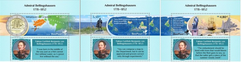 Estonia Estland Estonie 2024 Admiral Bellingshausen Geographical discoveries Antarctica BeePost set of 3 stamps with labels MNH - Image 1